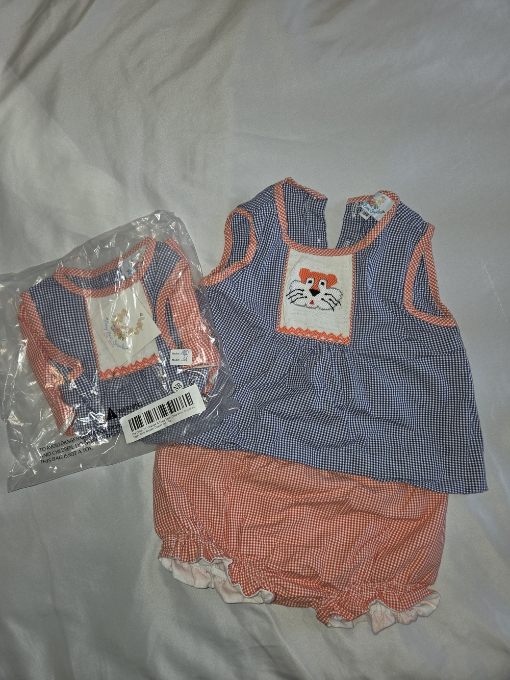NEW IN BAG- Blue Gingham & Orange Diaper Set with Aubie Smocking